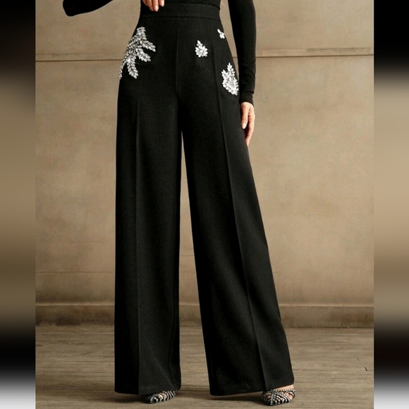 Women's Elegant Rhinestone Embellished Wide Leg Dress Pants - Picture 1 of 6